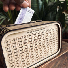 Wooden piggy bank with smart counter feature