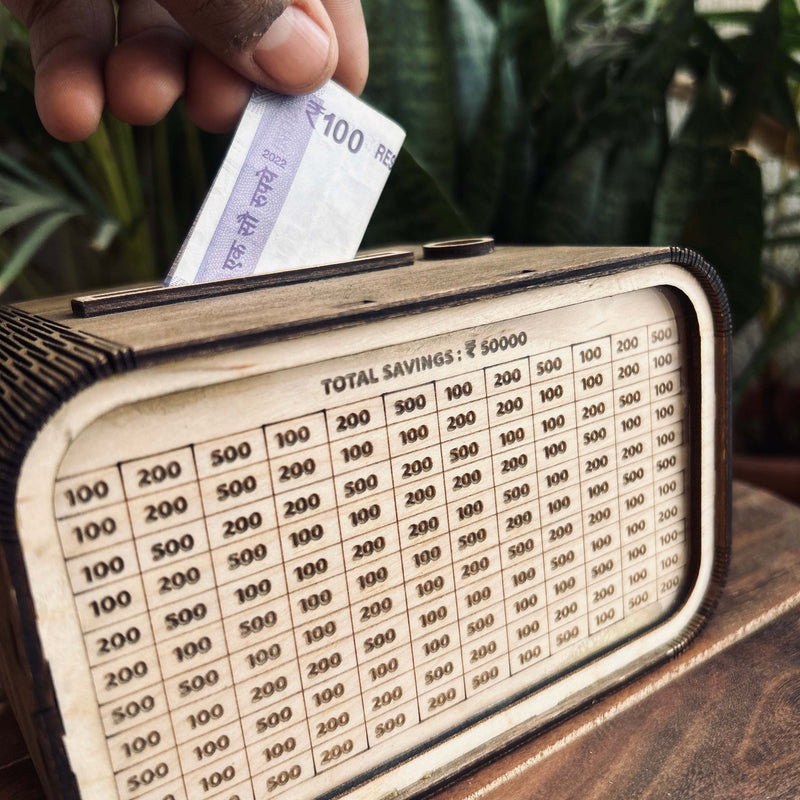 Wooden piggy bank with smart counter feature